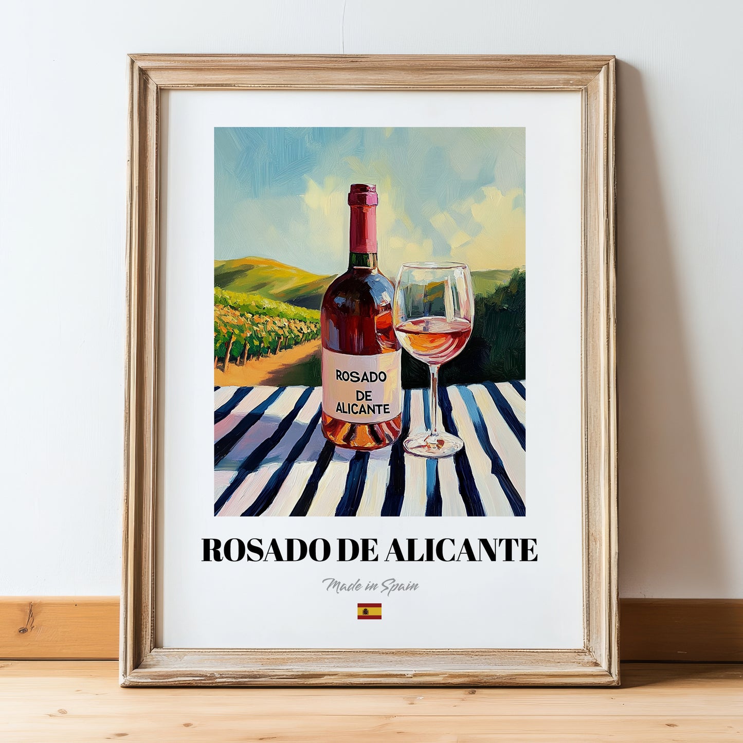 Rosado de Alicante – Spanish Rose Wine, Vinoteca Painting, in wooden frame leaning on the floor