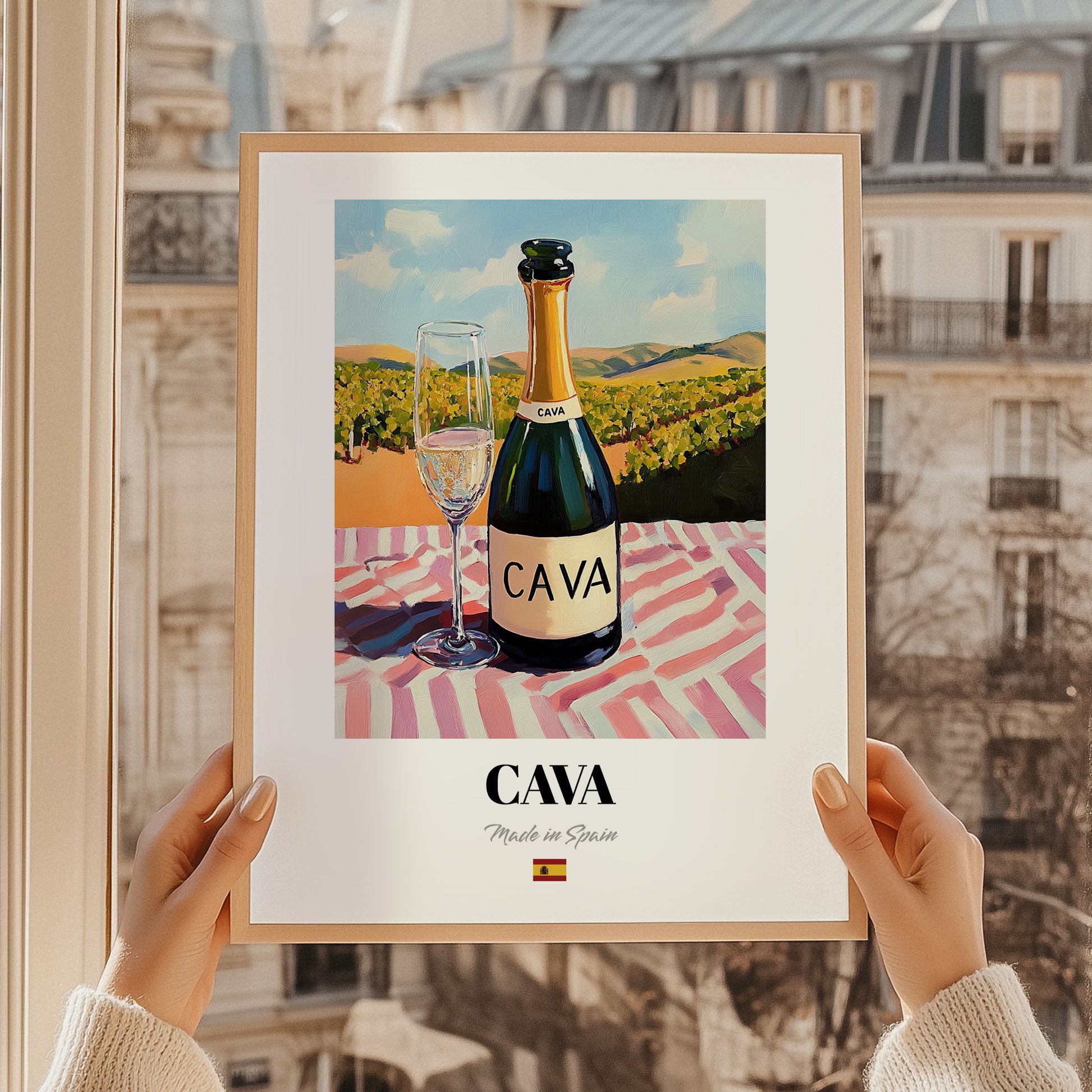 Cava – Spanish Sparkling Wine, Tasting Room Still Life, styled in a charming Paris street view
