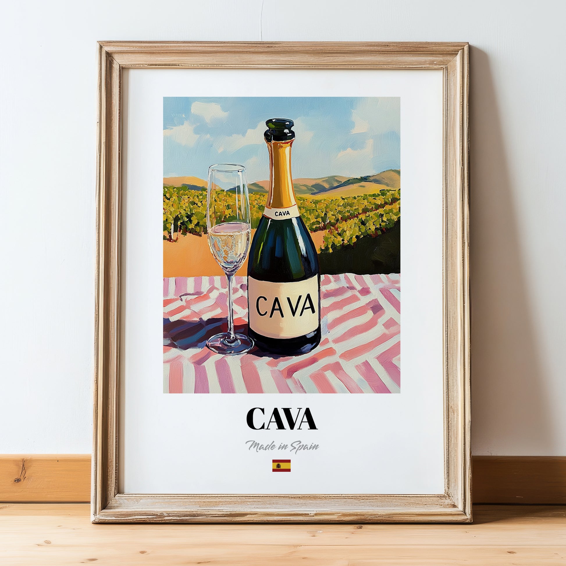 Cava – Spanish Sparkling Wine, Tasting Room Still Life, in wooden frame leaning on the floor