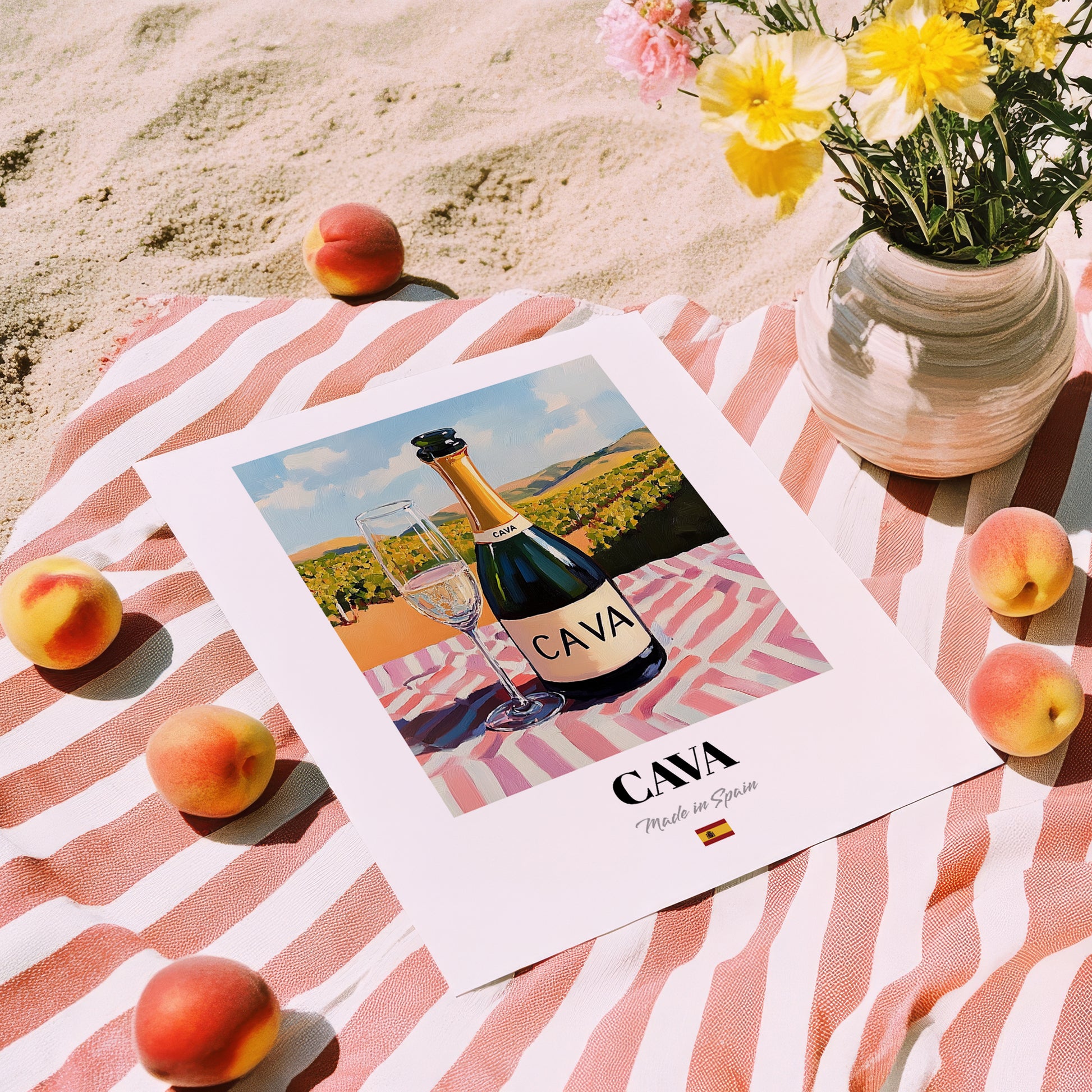 Cava – Spanish Sparkling Wine, Tasting Room Still Life, unframed on coastal sand