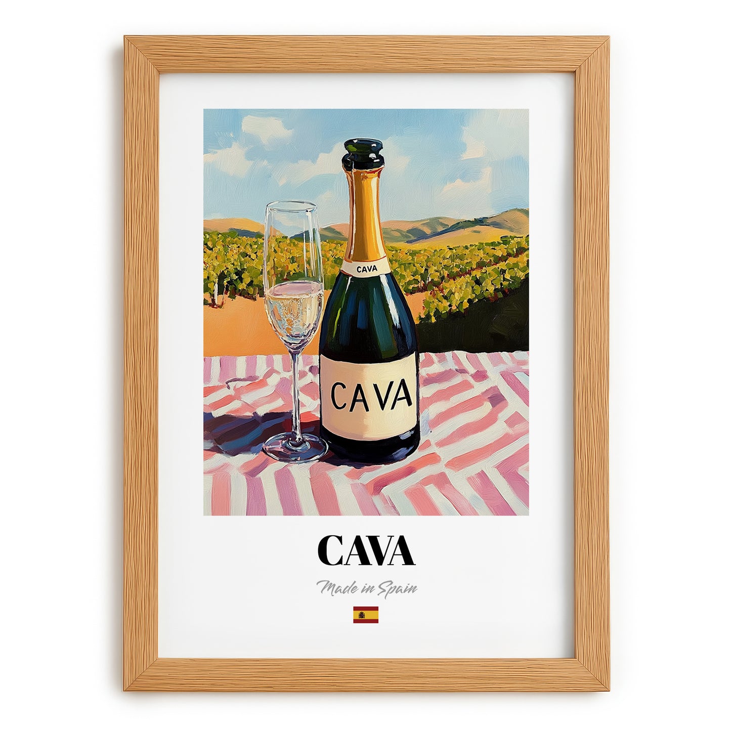Cava – Spanish Sparkling Wine, Tasting Room Still Life, set in oak frame