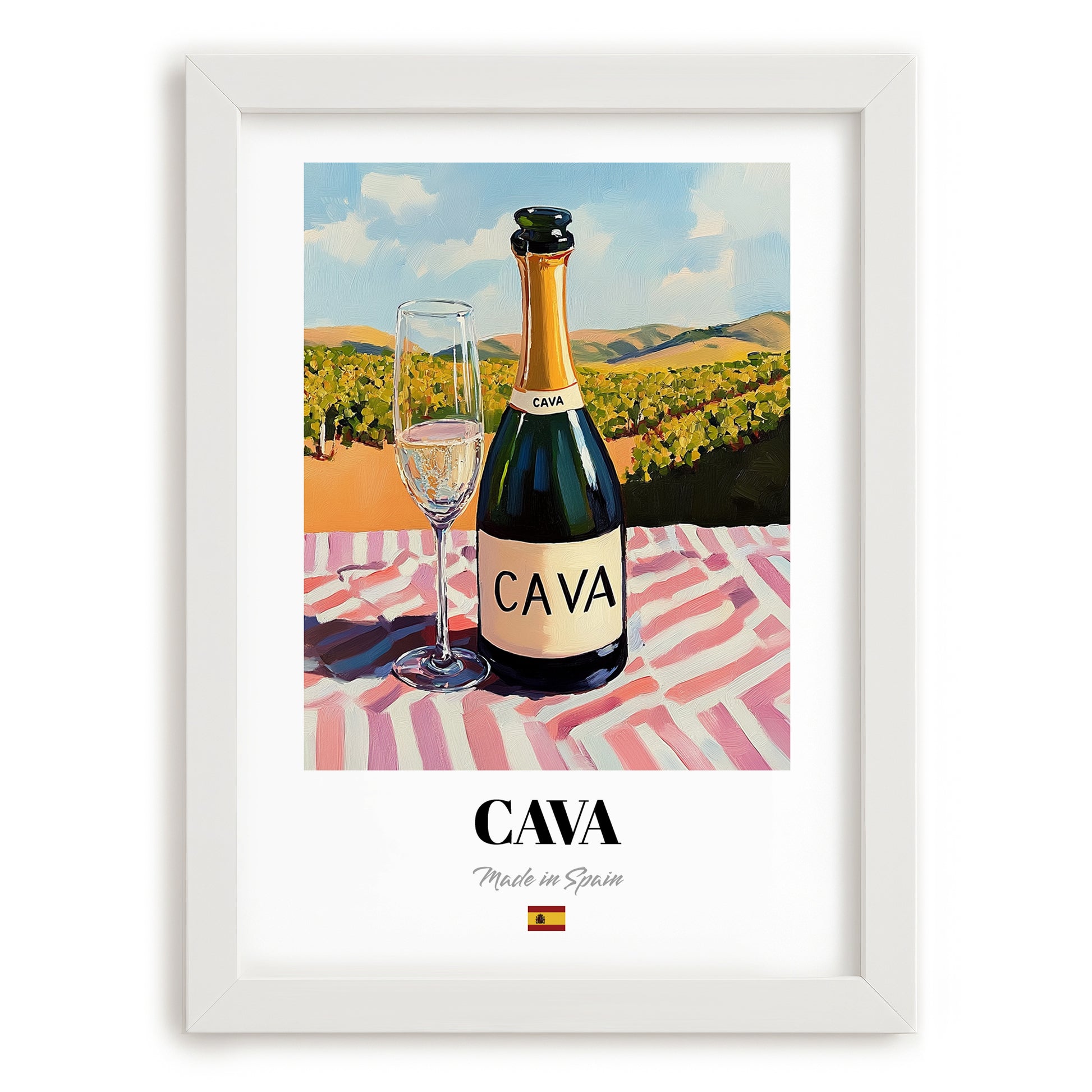 Cava – Spanish Sparkling Wine, Tasting Room Still Life, placed in minimal white frame