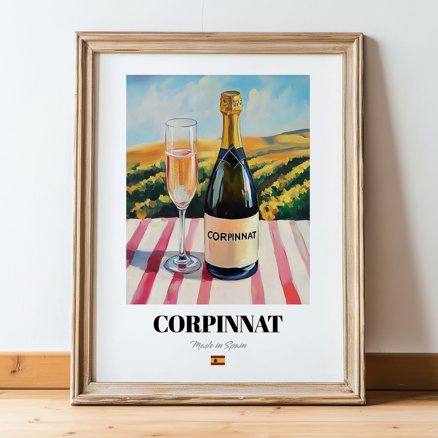 Corpinnat – Spanish Sparkling Wine, Wine Bar Wall Art, in wooden frame leaning on the floor