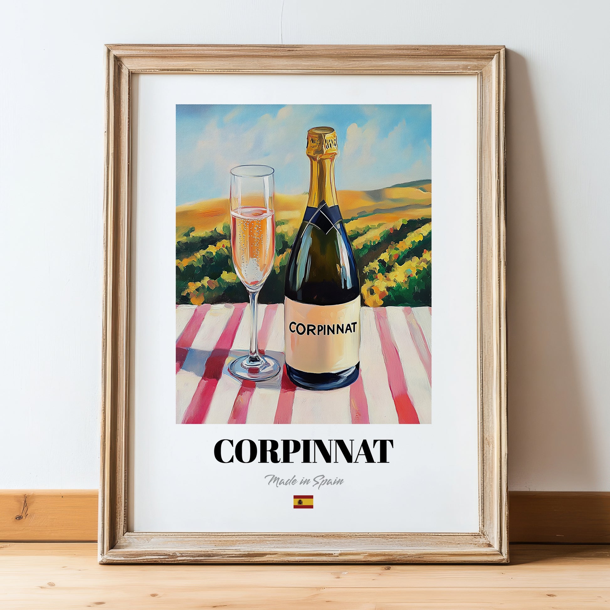 Corpinnat – Spanish Sparkling Wine, Wine Bar Wall Art, in wooden frame leaning on the floor