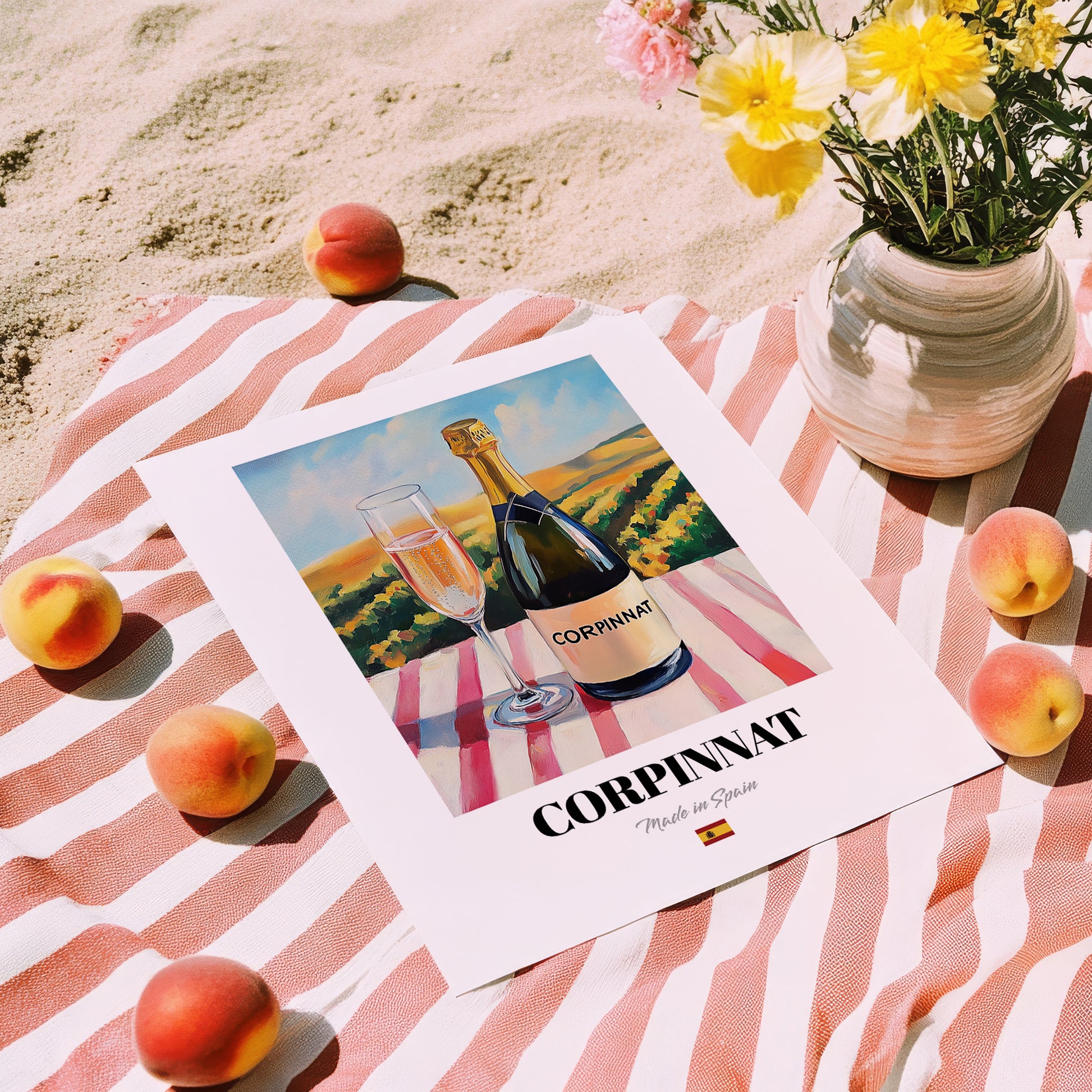Corpinnat – Spanish Sparkling Wine, Wine Bar Wall Art, unframed on coastal sand