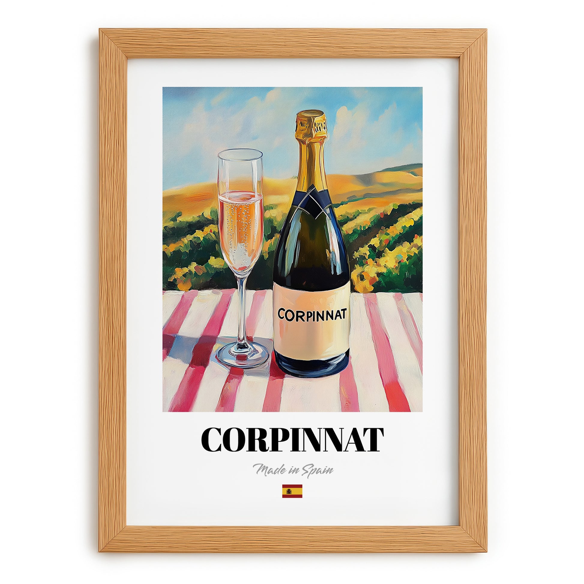 Corpinnat – Spanish Sparkling Wine, Wine Bar Wall Art, set in oak frame