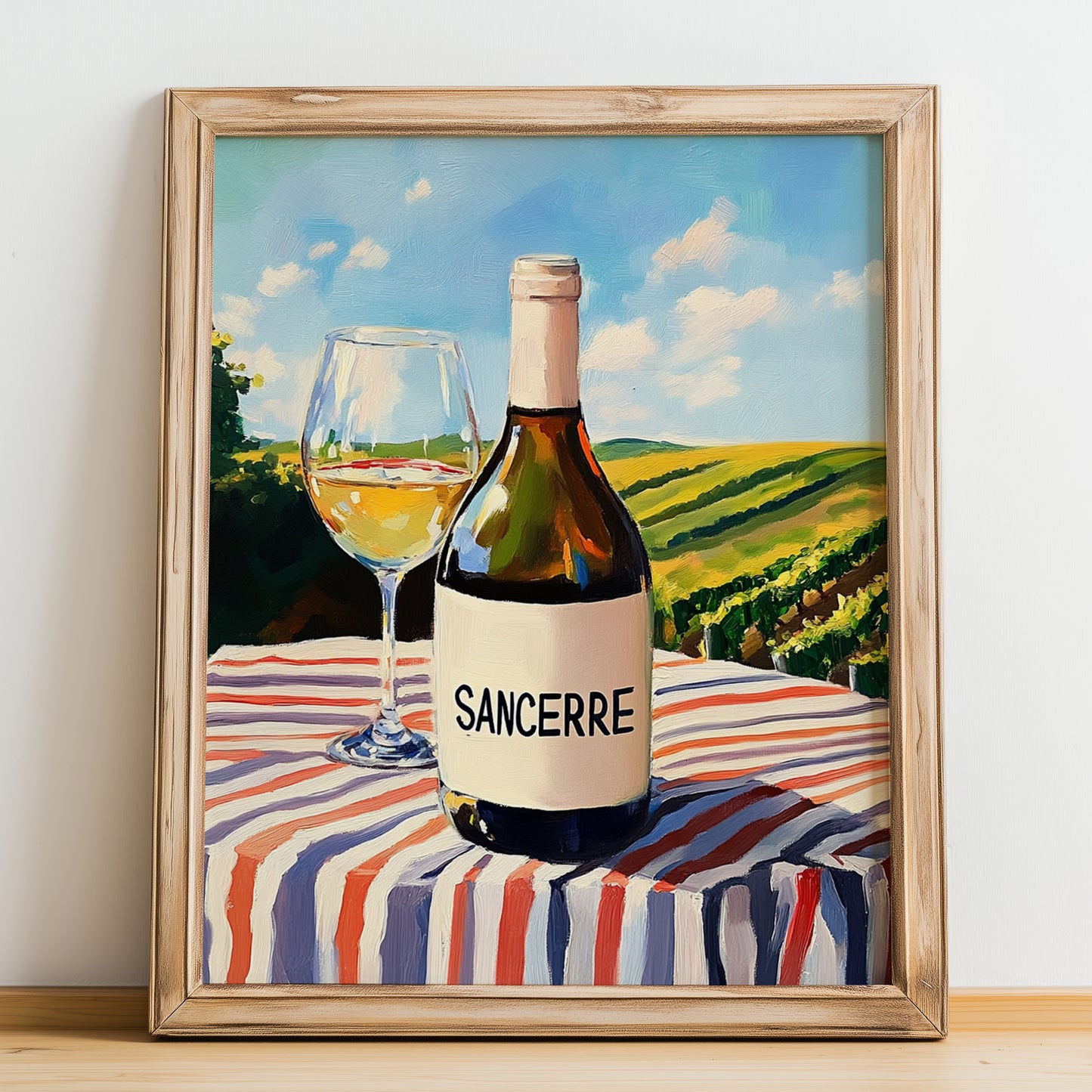 Sancerre – French White Wine, Wine Bar Poster, no-text version framed in wood