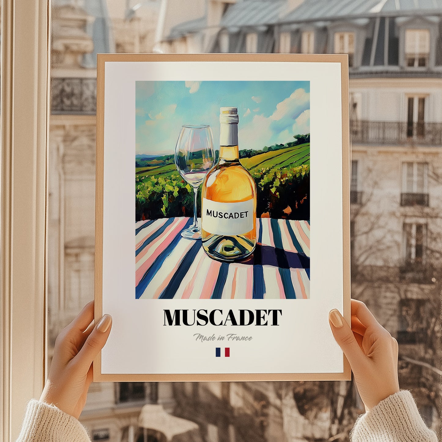 Muscadet – French White Wine, Wine Bar Painting, styled in a charming Paris street view