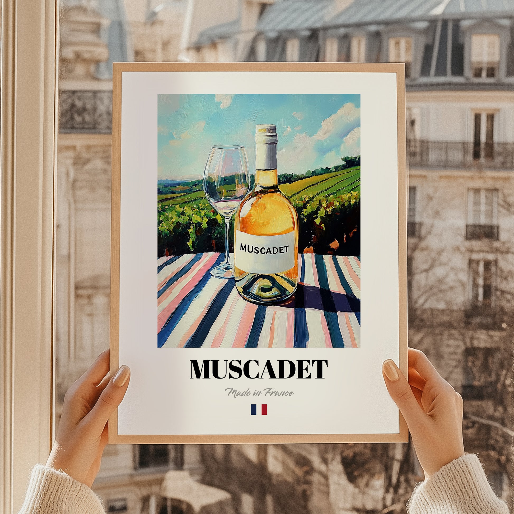 Muscadet – French White Wine, Wine Bar Painting, styled in a charming Paris street view