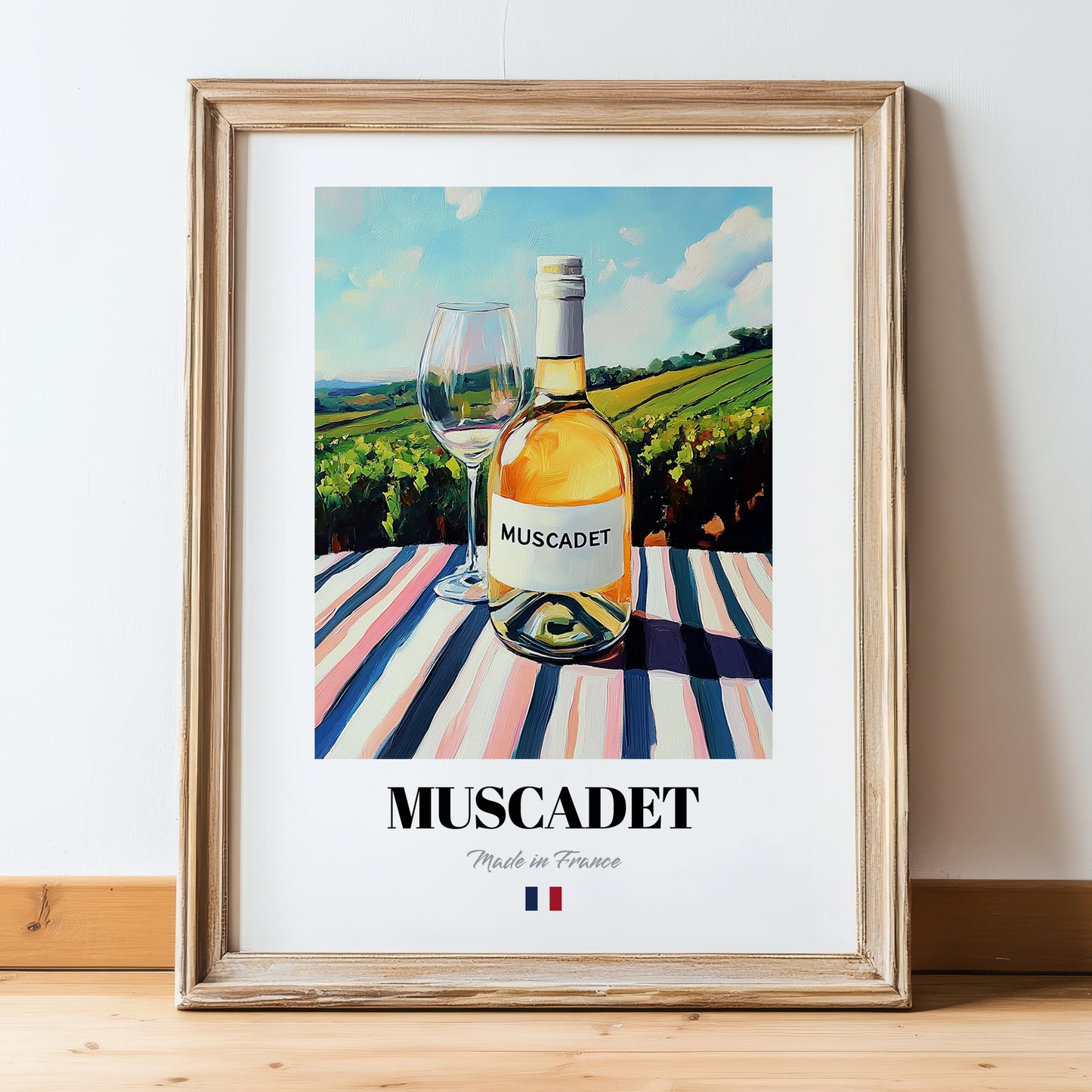 Muscadet – French White Wine, Wine Bar Painting, in wooden frame leaning on the floor