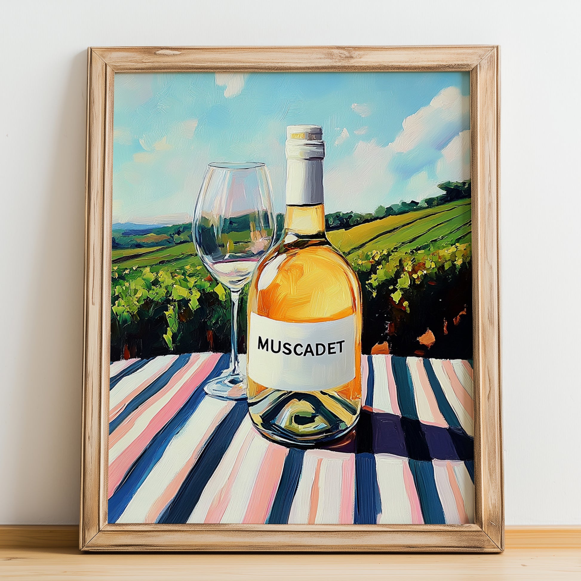 Muscadet – French White Wine, Wine Bar Painting, no-text version framed in wood