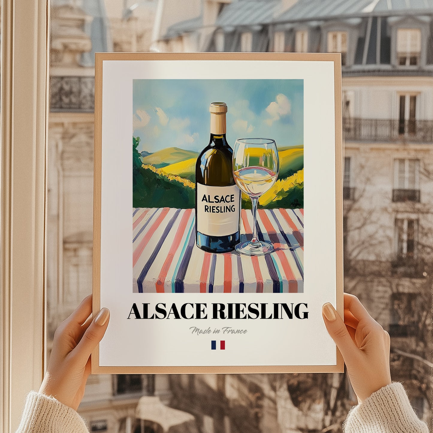 Alsace Riesling – French White Wine, Wine Bar Painting, styled in a charming Paris street view