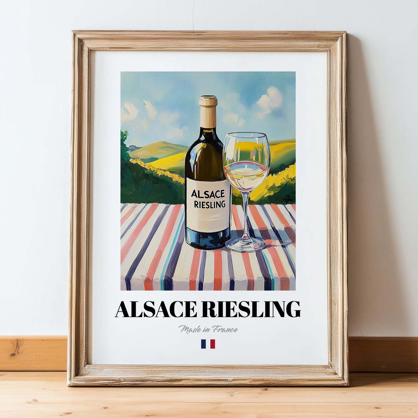 Alsace Riesling – French White Wine, Wine Bar Painting, in wooden frame leaning on the floor