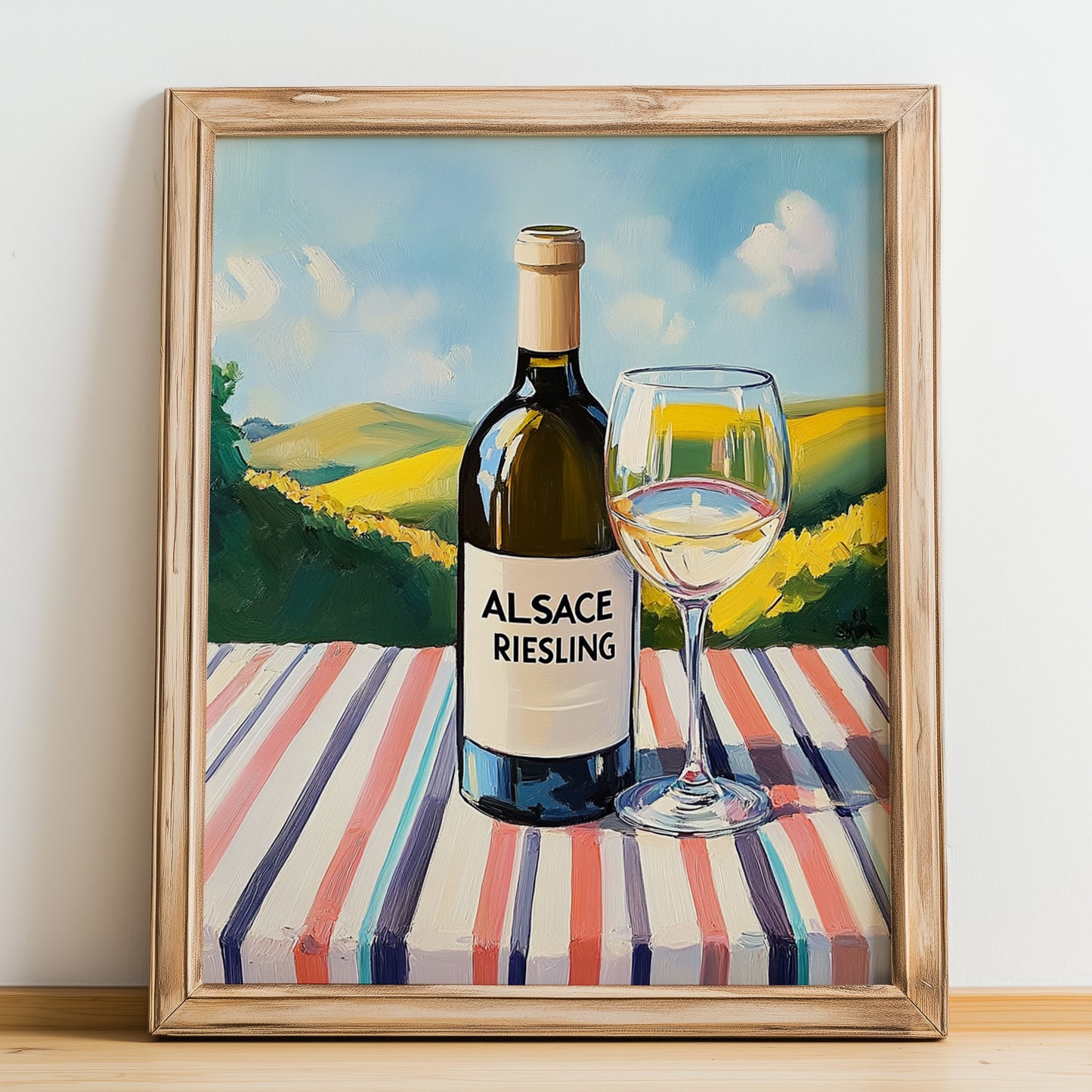 Alsace Riesling – French White Wine, Wine Bar Painting, no-text version framed in wood