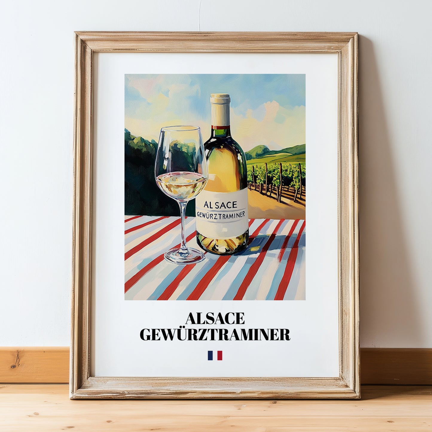 Alsace Gewürztraminer – French White Wine, Tasting Room Print, in wooden frame leaning on the floor