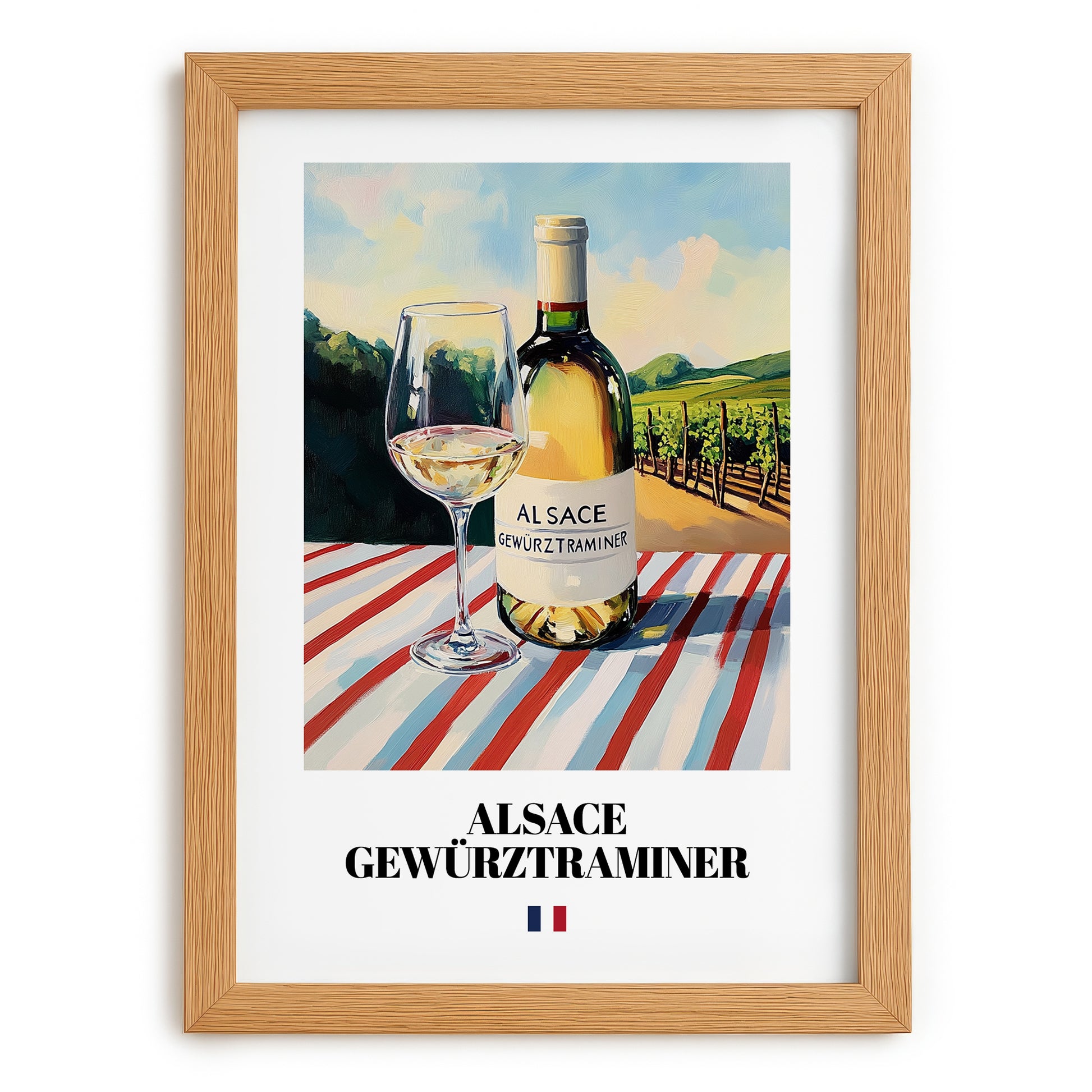 Alsace Gewürztraminer – French White Wine, Tasting Room Print, set in oak frame