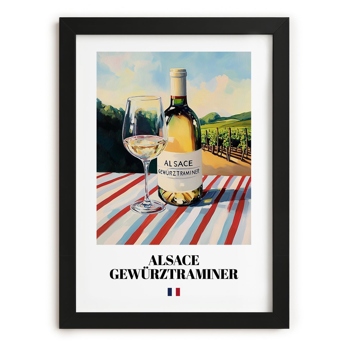 Alsace Gewürztraminer – French White Wine, Tasting Room Print, in sleek black frame