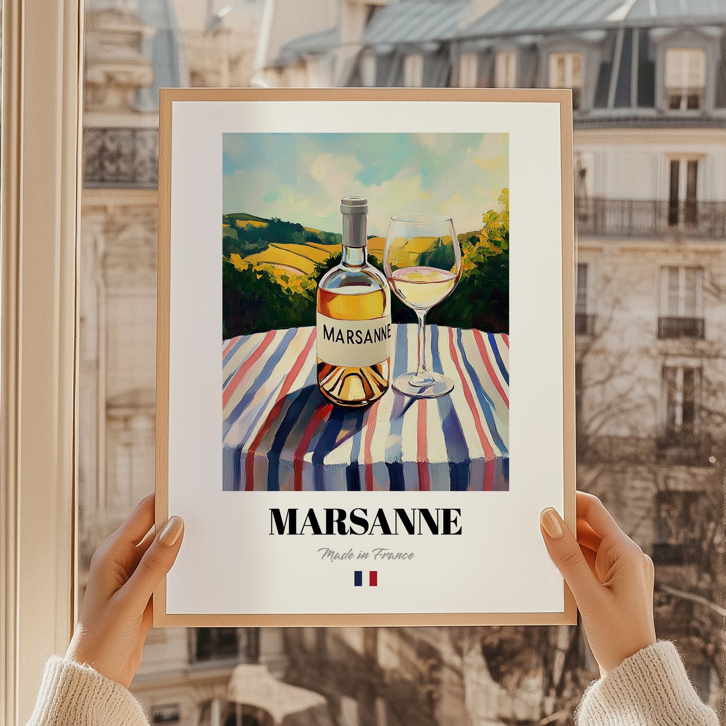 Marsanne – French White Wine, Wine Bar Poster, styled in a charming Paris street view