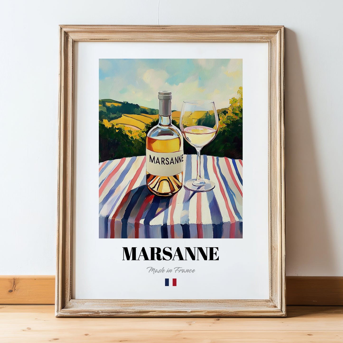 Marsanne – French White Wine, Wine Bar Poster, in wooden frame leaning on the floor