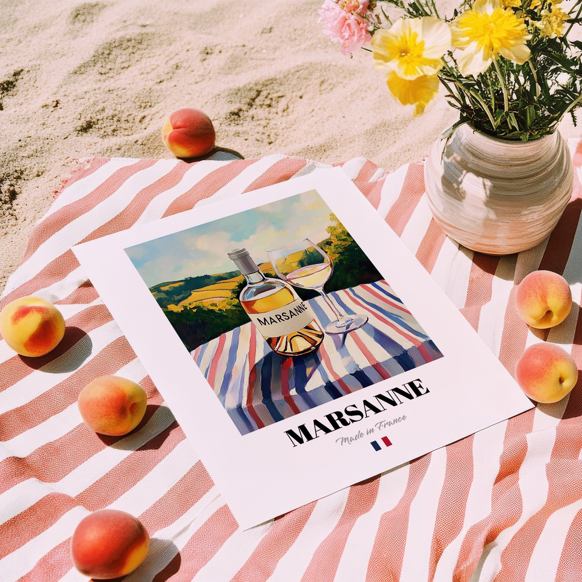 Marsanne – French White Wine, Wine Bar Poster, unframed on coastal sand