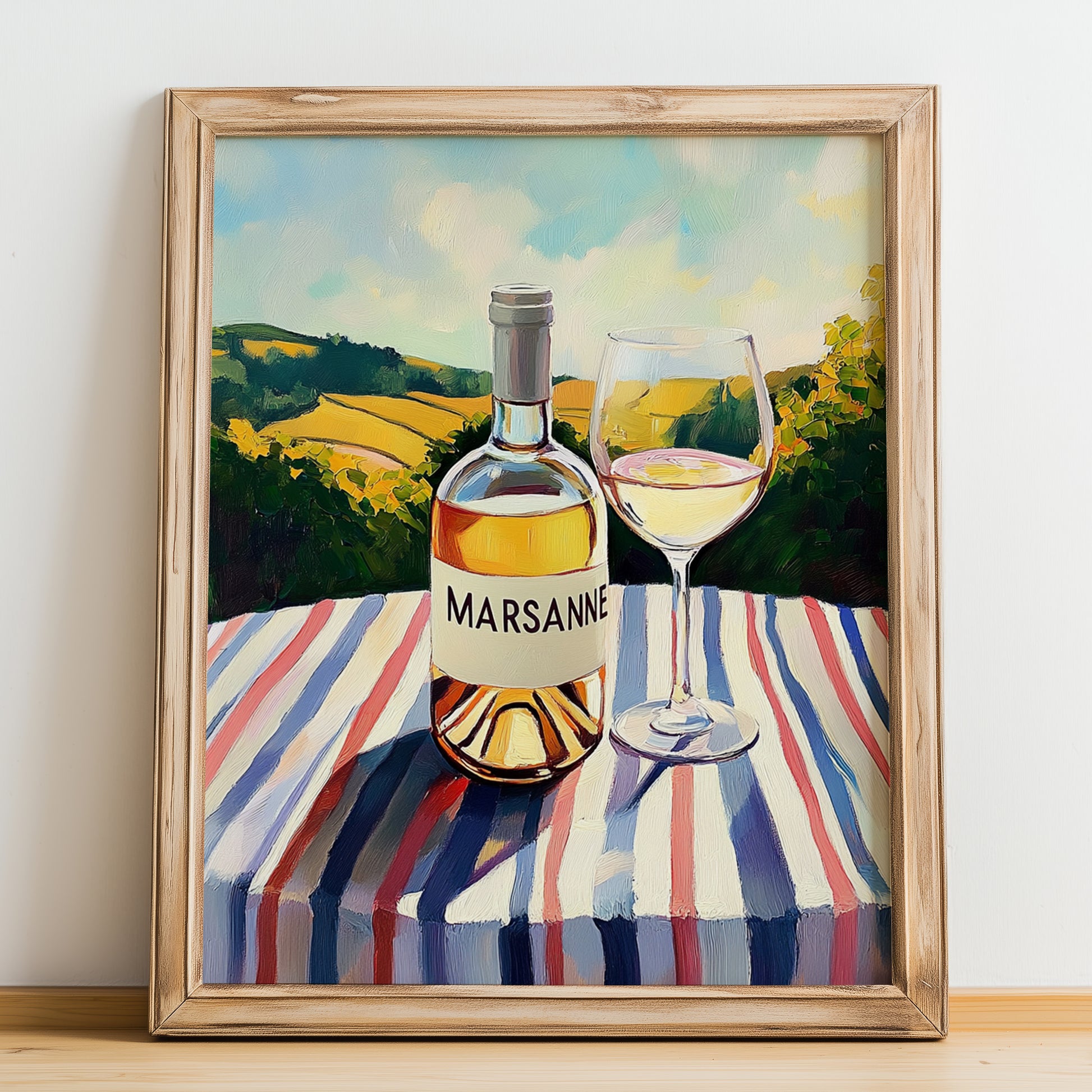 Marsanne – French White Wine, Wine Bar Poster, no-text version framed in wood