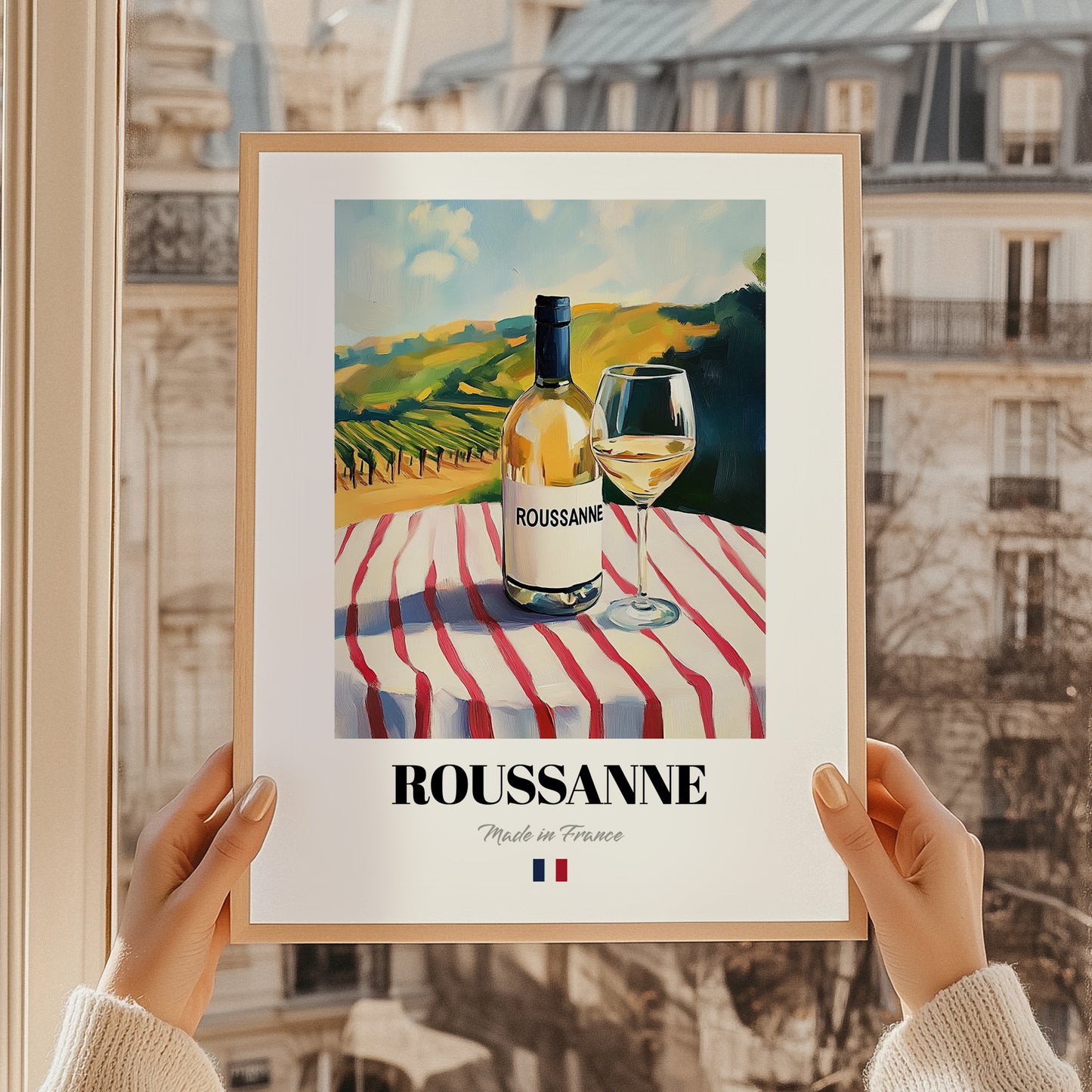 Roussanne – French White Wine, Enoteca Poster, styled in a charming Paris street view