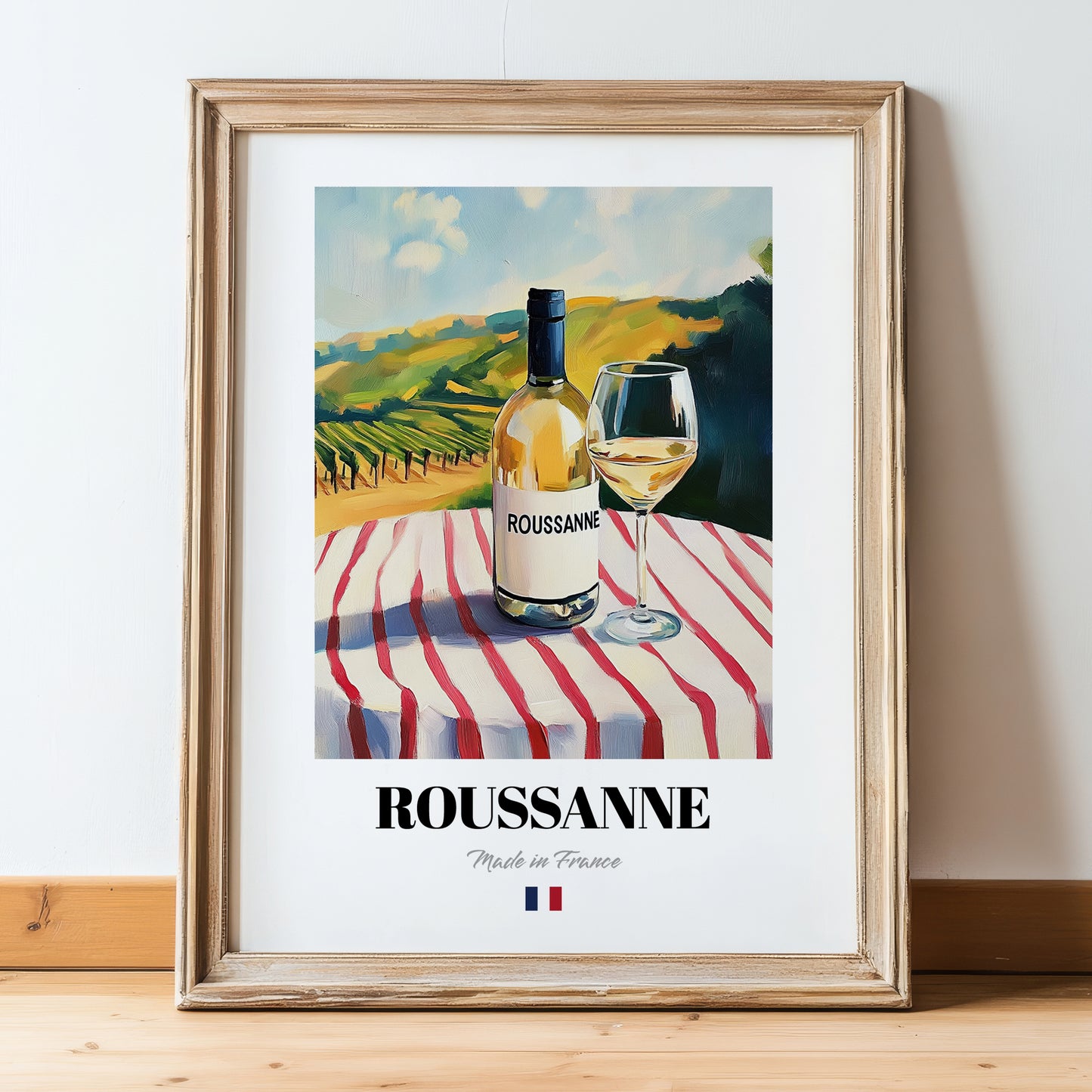 Roussanne – French White Wine, Enoteca Poster, in wooden frame leaning on the floor