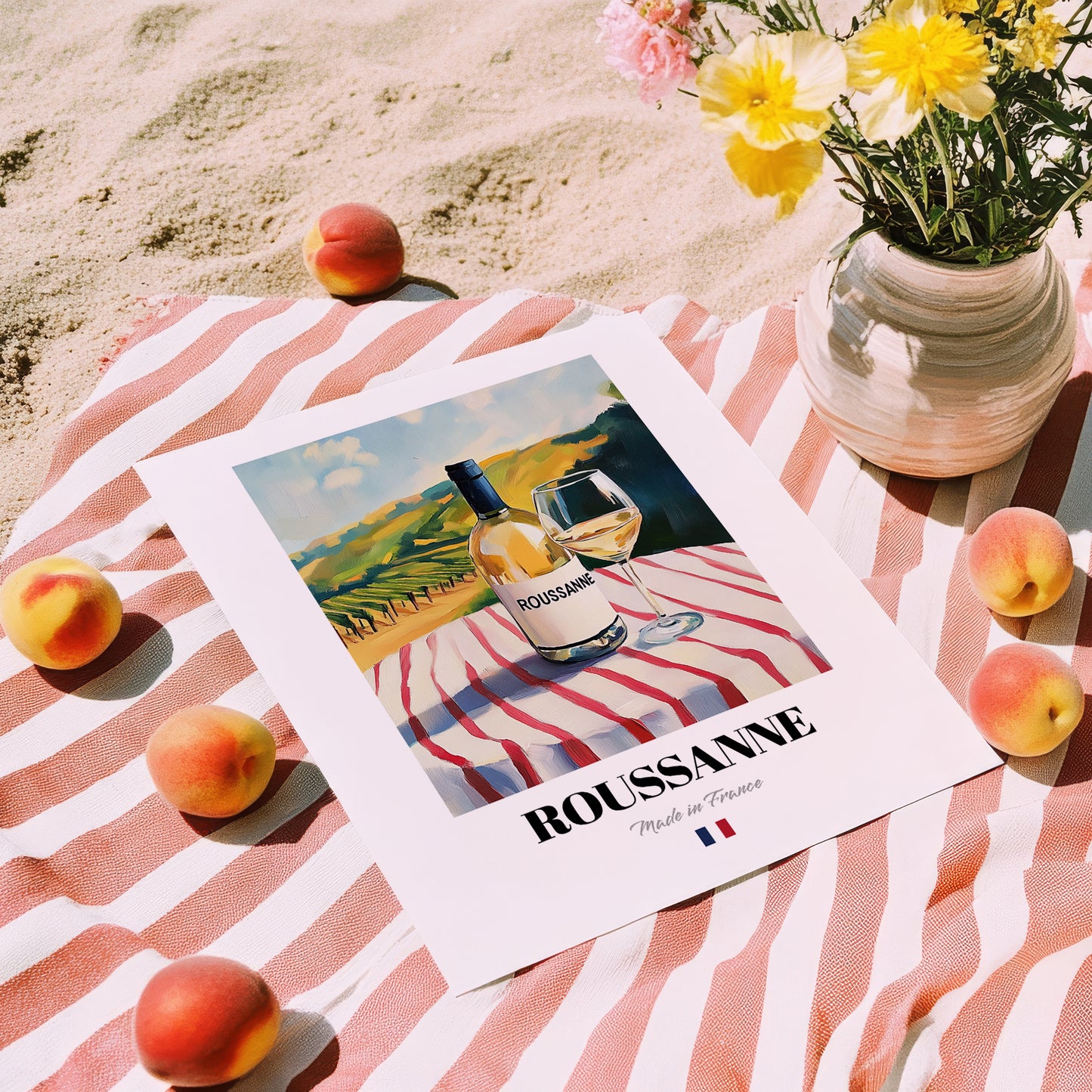Roussanne – French White Wine, Enoteca Poster, unframed on coastal sand