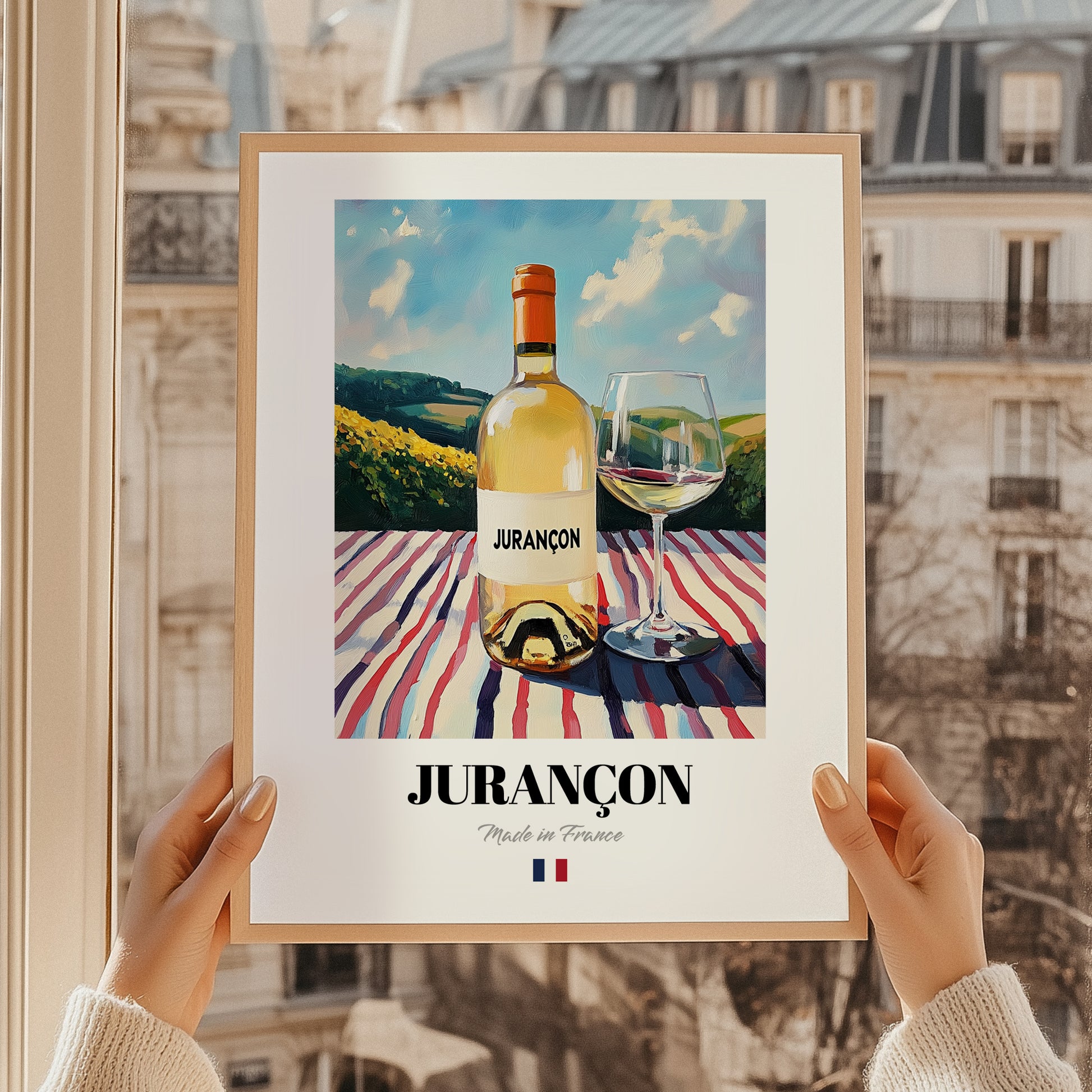 Jurançon – French White Wine, Wine Bar Poster, styled in a charming Paris street view