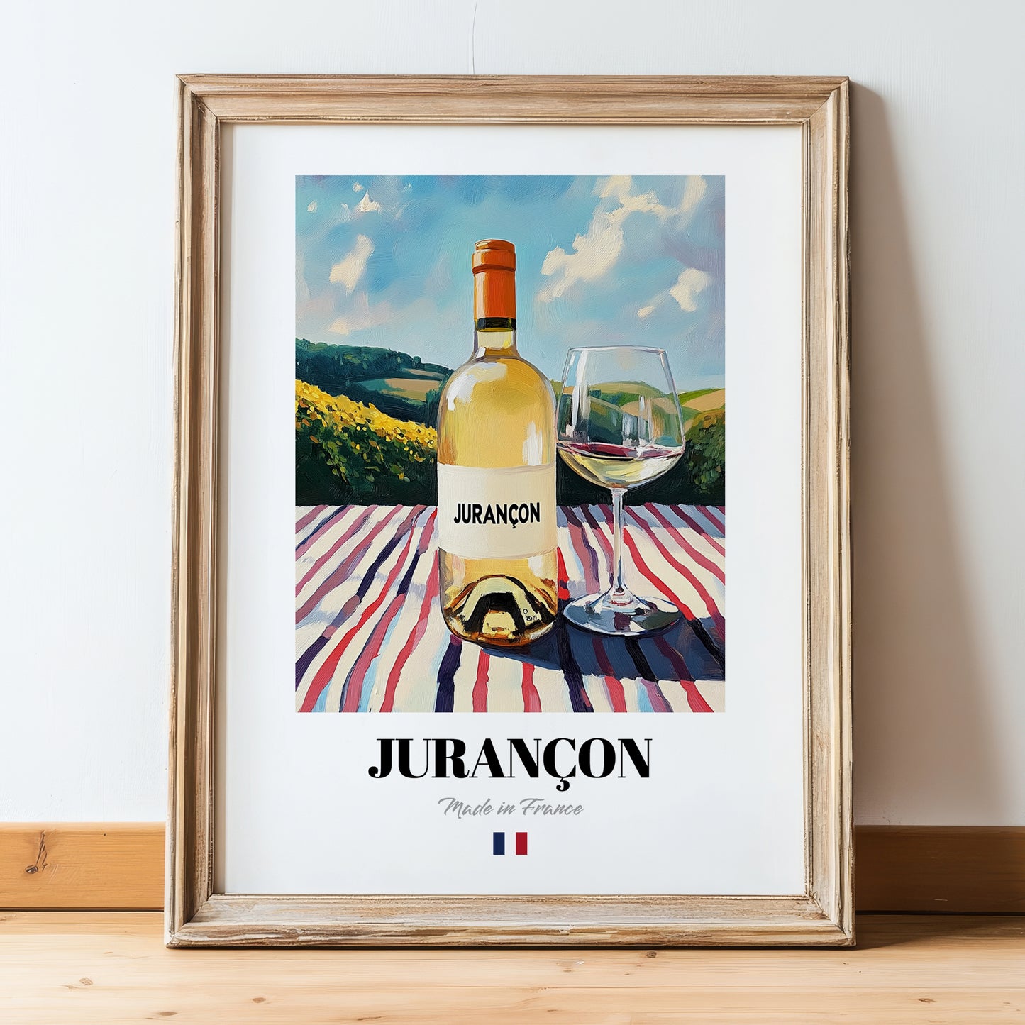 Jurançon – French White Wine, Wine Bar Poster, in wooden frame leaning on the floor