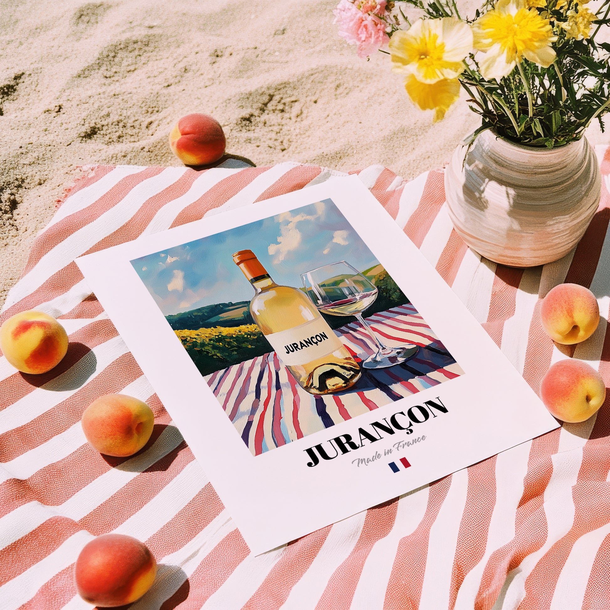 Jurançon – French White Wine, Wine Bar Poster, unframed on coastal sand