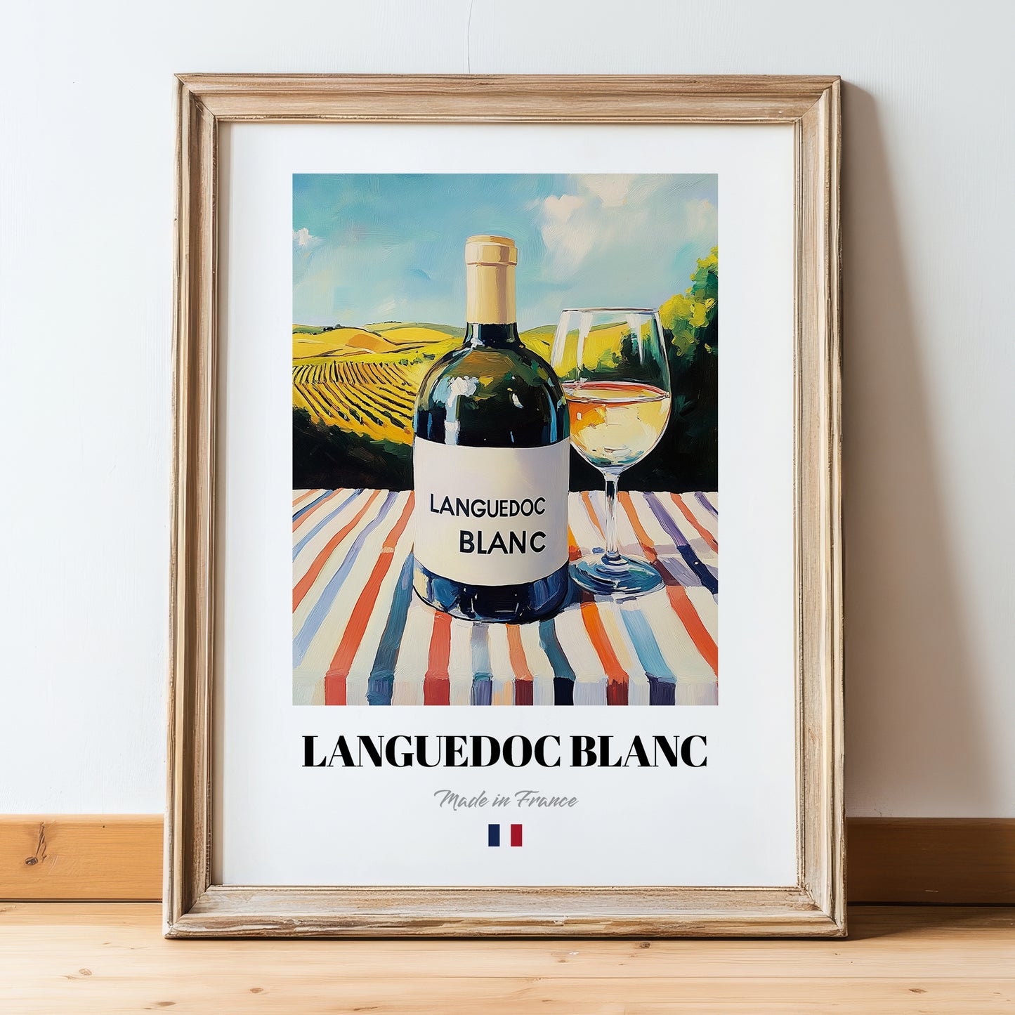 Languedoc Blanc – French White Wine, Tasting Room Wall Art, in wooden frame leaning on the floor