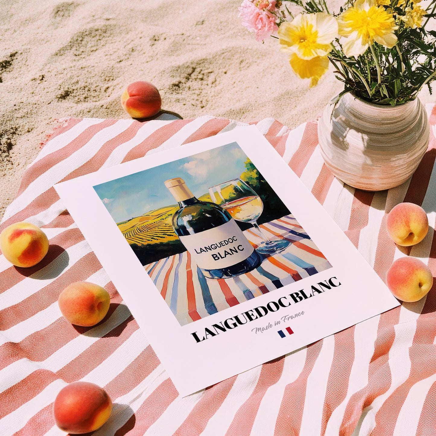 Languedoc Blanc – French White Wine, Tasting Room Wall Art, unframed on coastal sand