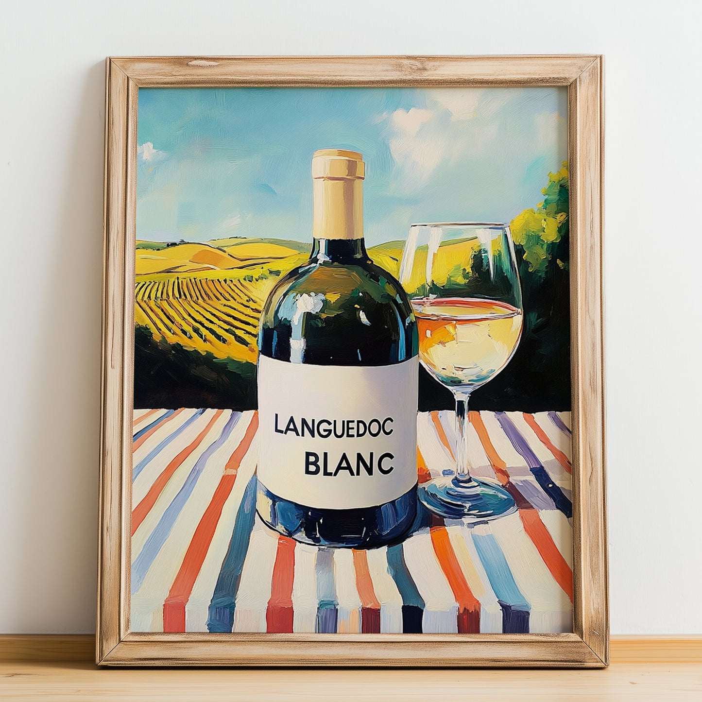 Languedoc Blanc – French White Wine, Tasting Room Wall Art, no-text version framed in wood