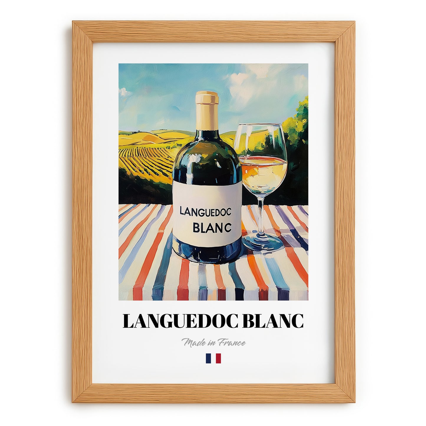 Languedoc Blanc – French White Wine, Tasting Room Wall Art, set in oak frame