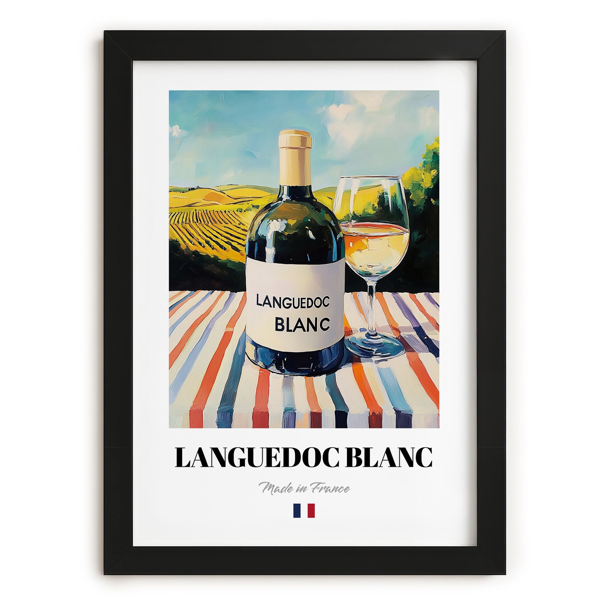 Languedoc Blanc – French White Wine, Tasting Room Wall Art, in sleek black frame