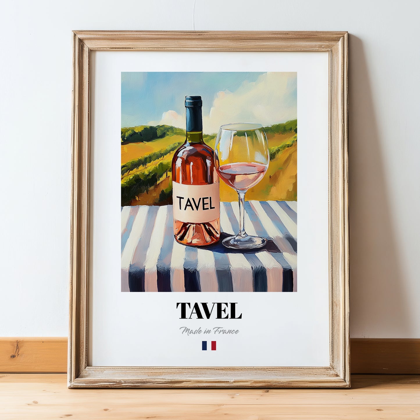 Tavel – French Rose Wine, Vineyard Terrace Print, in wooden frame leaning on the floor