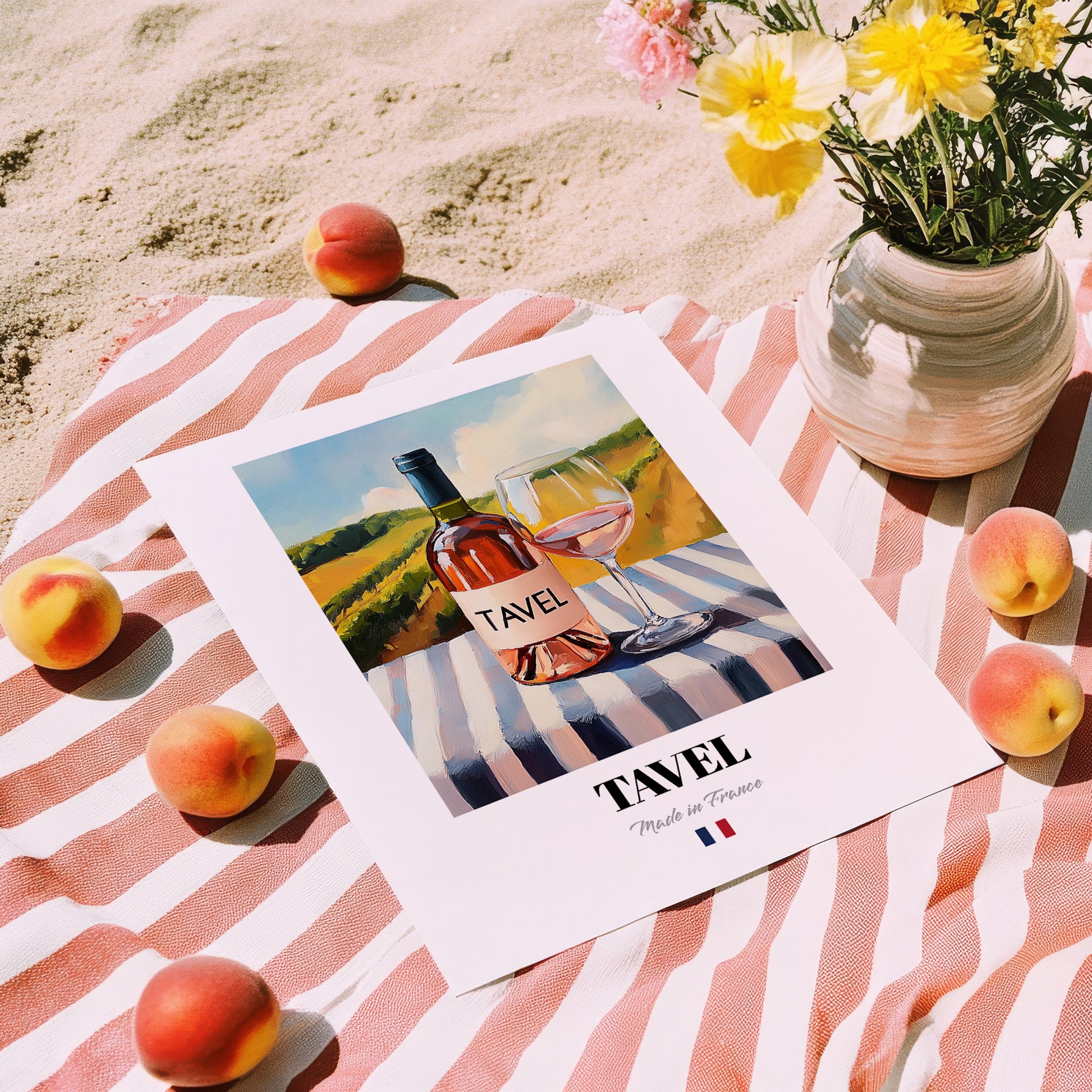 Tavel – French Rose Wine, Vineyard Terrace Print, unframed on coastal sand