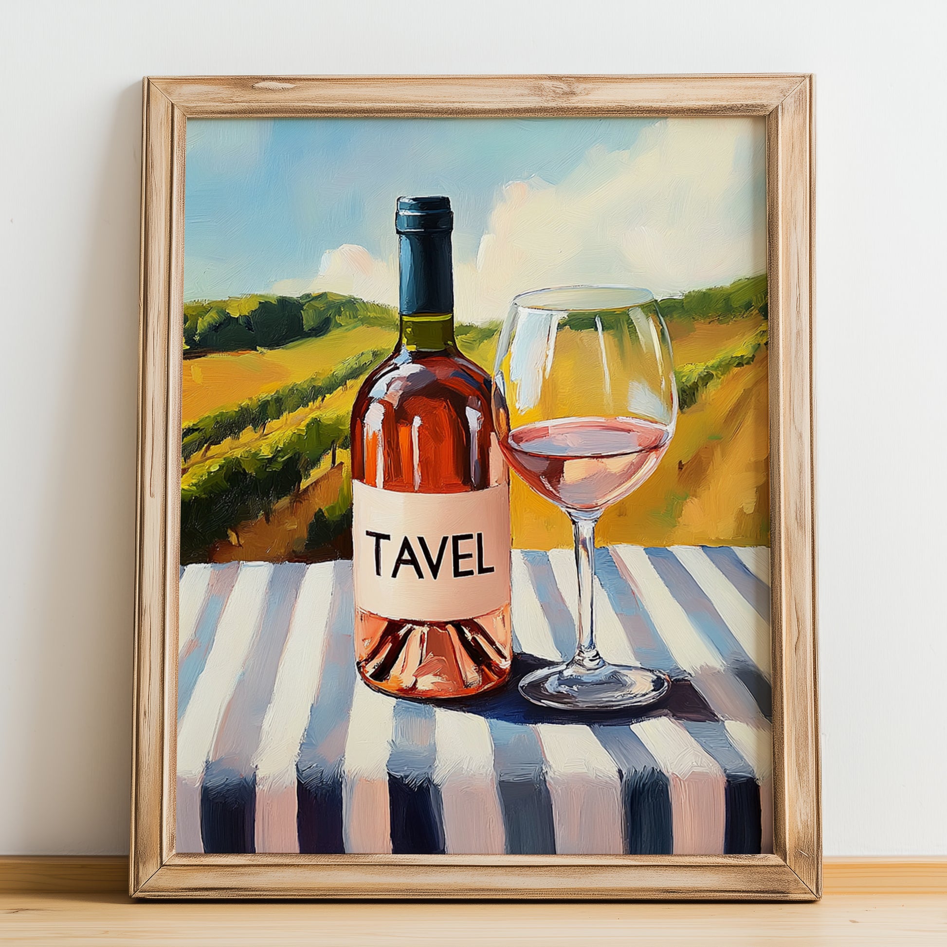 Tavel – French Rose Wine, Vineyard Terrace Print, no-text version framed in wood