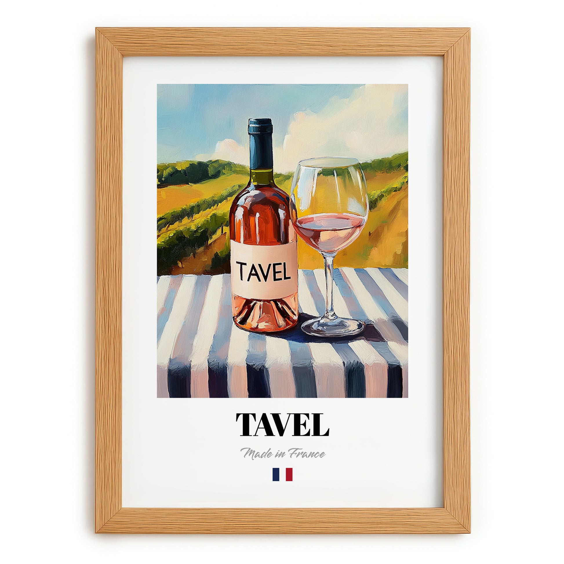 Tavel – French Rose Wine, Vineyard Terrace Print, set in oak frame