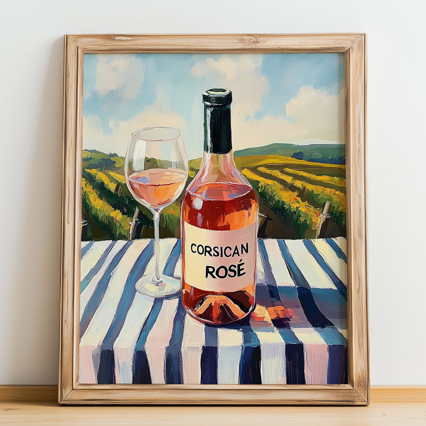 Corsican Rosé – French Rose Wine, Bodega Print, no-text version framed in wood