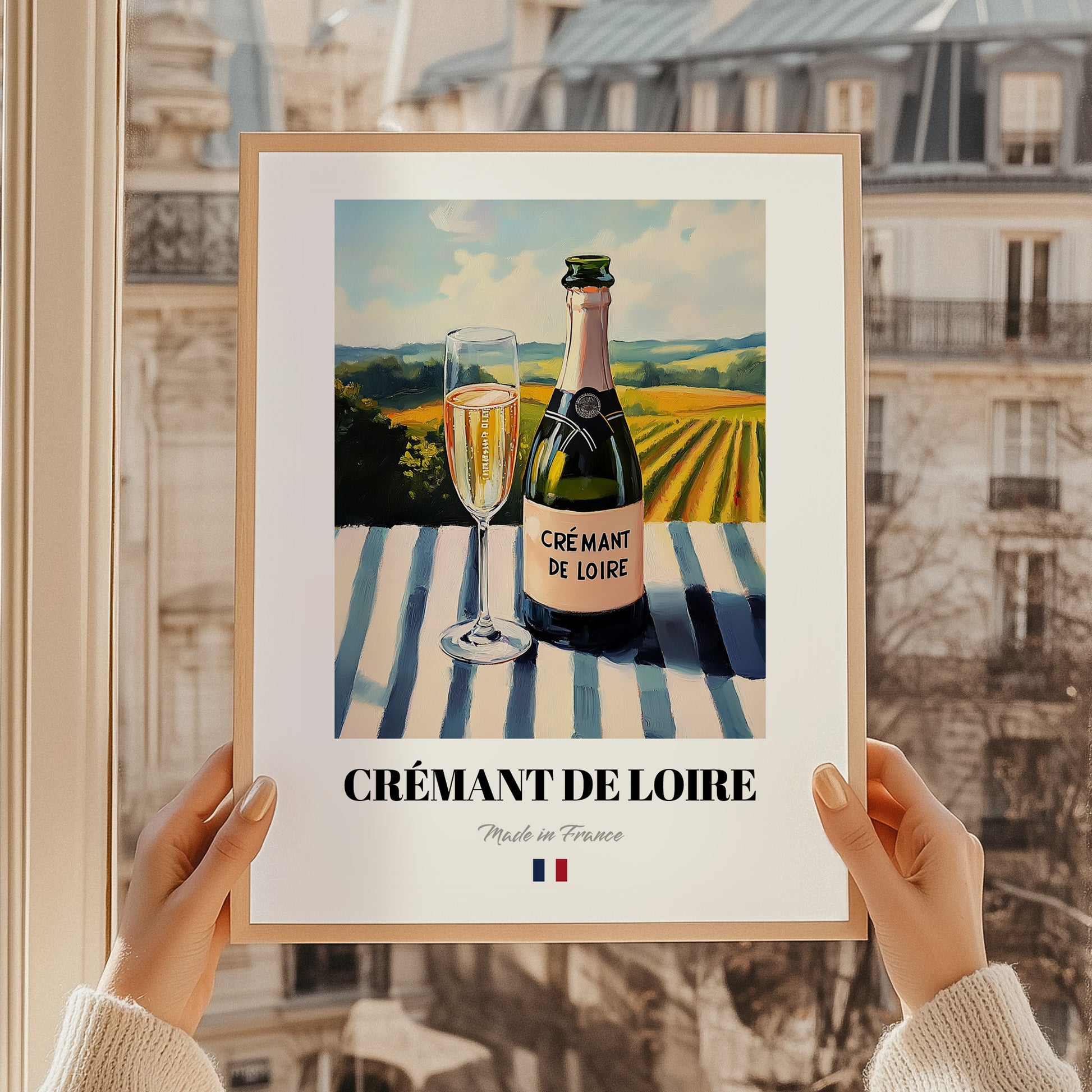 Crémant de Loire – French Sparkling Wine, Wine Bar Wall Art, styled in a charming Paris street view
