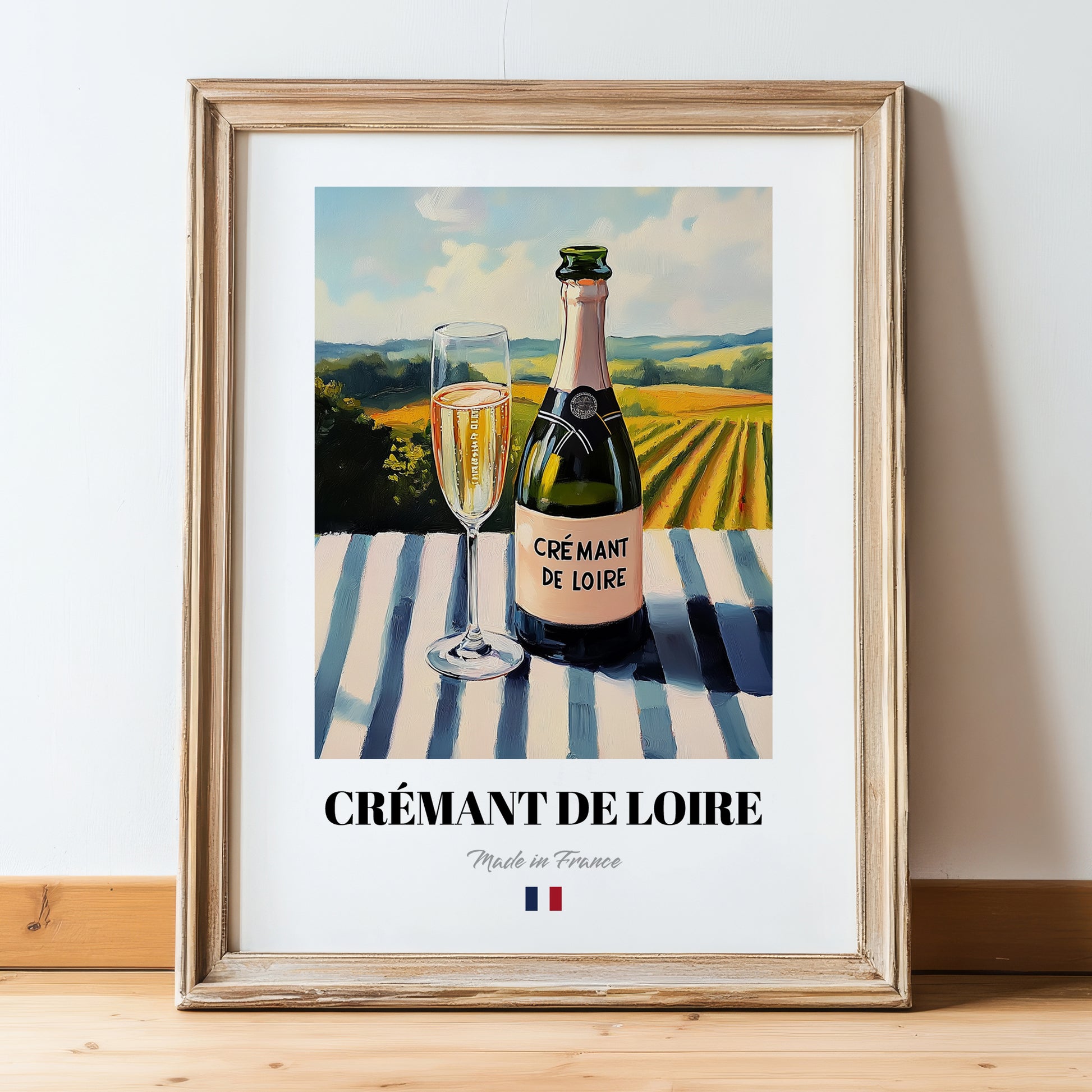 Crémant de Loire – French Sparkling Wine, Wine Bar Wall Art, in wooden frame leaning on the floor