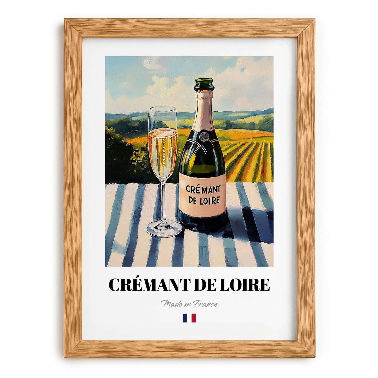 Crémant de Loire – French Sparkling Wine, Wine Bar Wall Art, set in oak frame