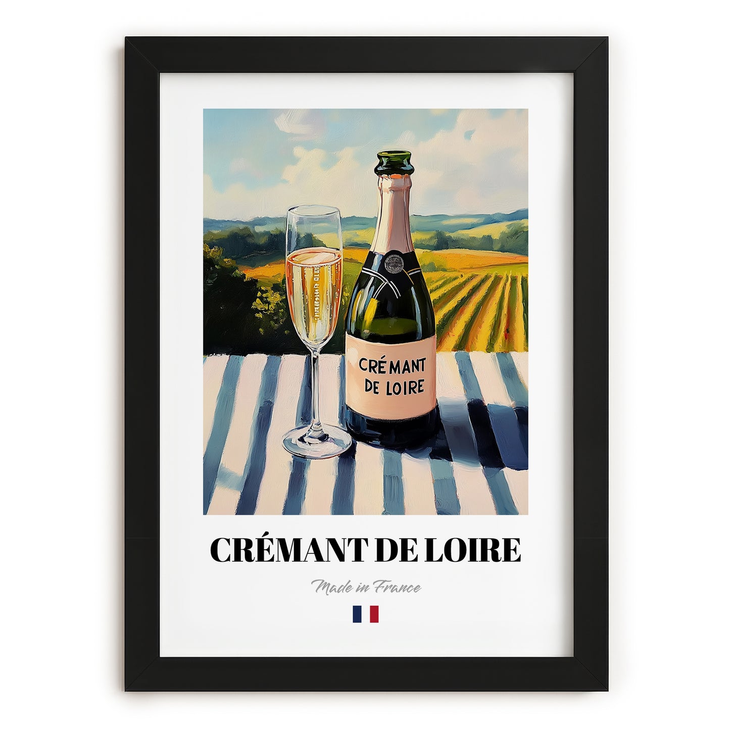 Crémant de Loire – French Sparkling Wine, Wine Bar Wall Art, in sleek black frame