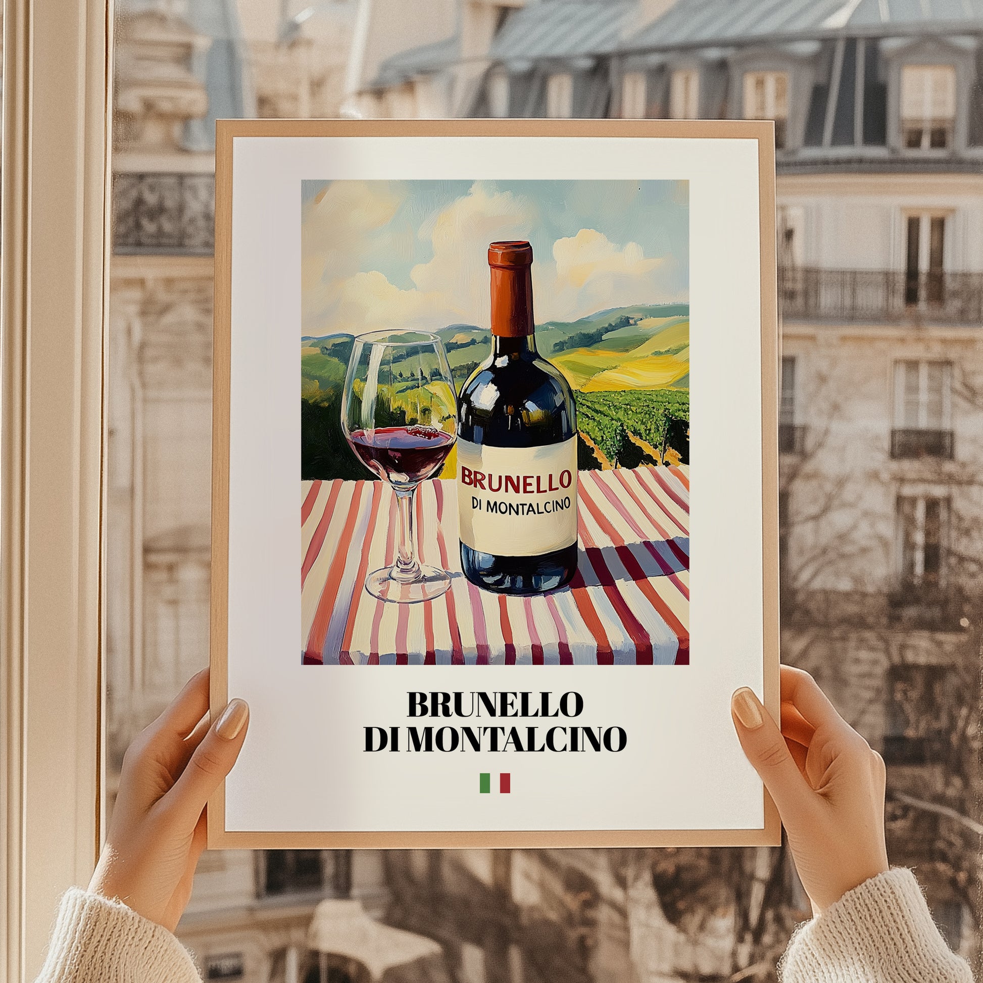 Brunello di Montalcino – Italian Red Wine, Vineyard Terrace Still Life, styled in a charming Paris street view