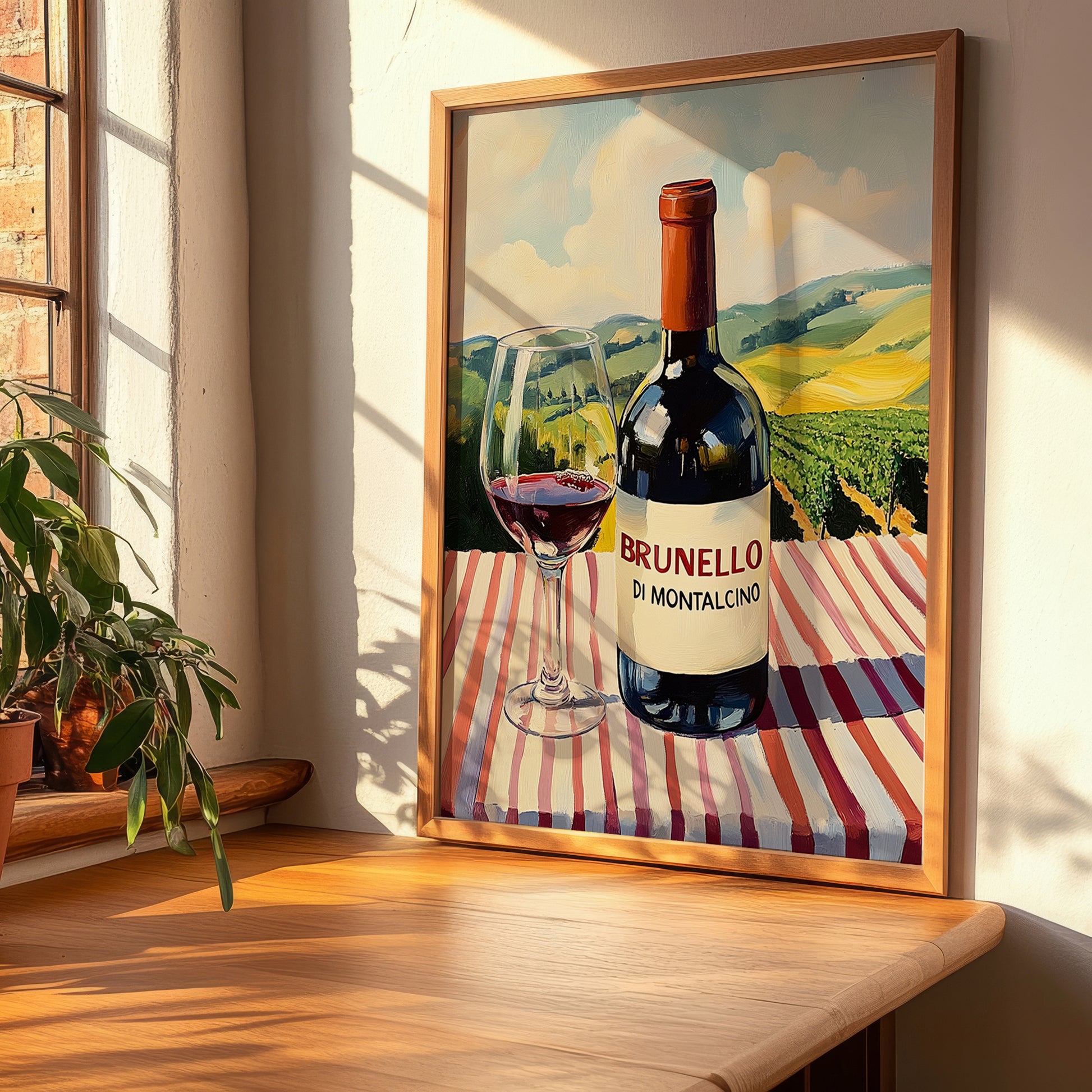 Brunello di Montalcino – Italian Red Wine, Vineyard Terrace Still Life, clean layout with no caption