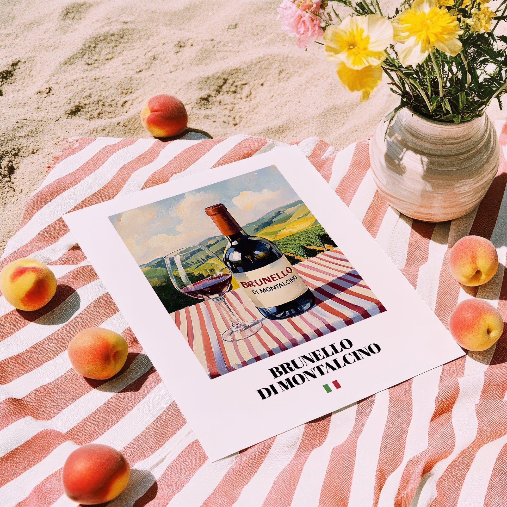 Brunello di Montalcino – Italian Red Wine, Vineyard Terrace Still Life, unframed on coastal sand