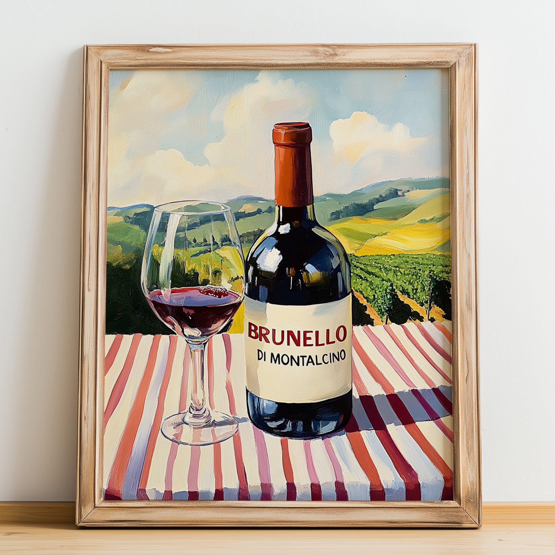 Brunello di Montalcino – Italian Red Wine, Vineyard Terrace Still Life, no-text version framed in wood