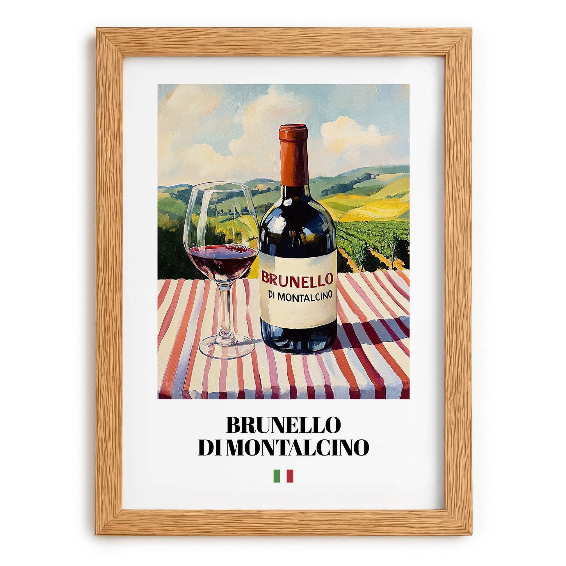 Brunello di Montalcino – Italian Red Wine, Vineyard Terrace Still Life, set in oak frame
